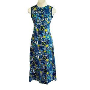 Vintage Handmade Hawaiian Barkcloth Tribal Print Maxi Dress
